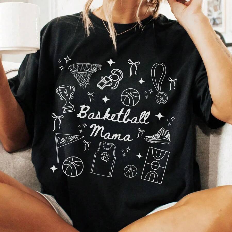 Camiseta de baloncesto, Camiseta de baloncesto  para mujer, Camiseta con diseño de baloncesto estilo doodle, Camiseta para el Día del Amor, otras camisetas de regalo. - Negro - Ver 1