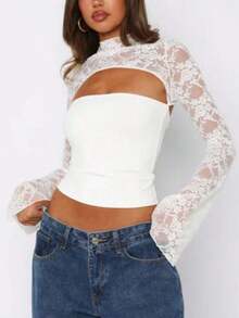 Lace Shrug & Bandeau Set, Sheer High-Neck Long Sleeve Lace Cover-Up With Tube Top - White - View 2