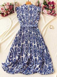 Vestido de verano para mujer de unicolor con mangas cortas, cuello alto, cintura plisada, para vacaciones y playa - Multicolor 3 - Ver 2