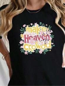 Algodón Camiseta De Algodón % MAKE HEAVEN CROWDED Para Mujer, Con Ajuste Cómodo, Estampado, Cuello Redondo, Manga Corta, Informal, Verano, Camisetas Gráficas Para Mujer. Blusas Para Mujer Camisa - Negro - Ver 7