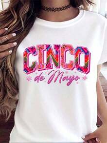 Camiseta Gráfica Cinco De Mayo Vintage 100% Algodón, Diseño de Texto con Estampado Floral Colorido para Celebraciones Festivas, Para Entusiastas de la Cultura Mexicana y Celebrantes de Días Festivos, Playeras de mujer - Blanco - Ver 3