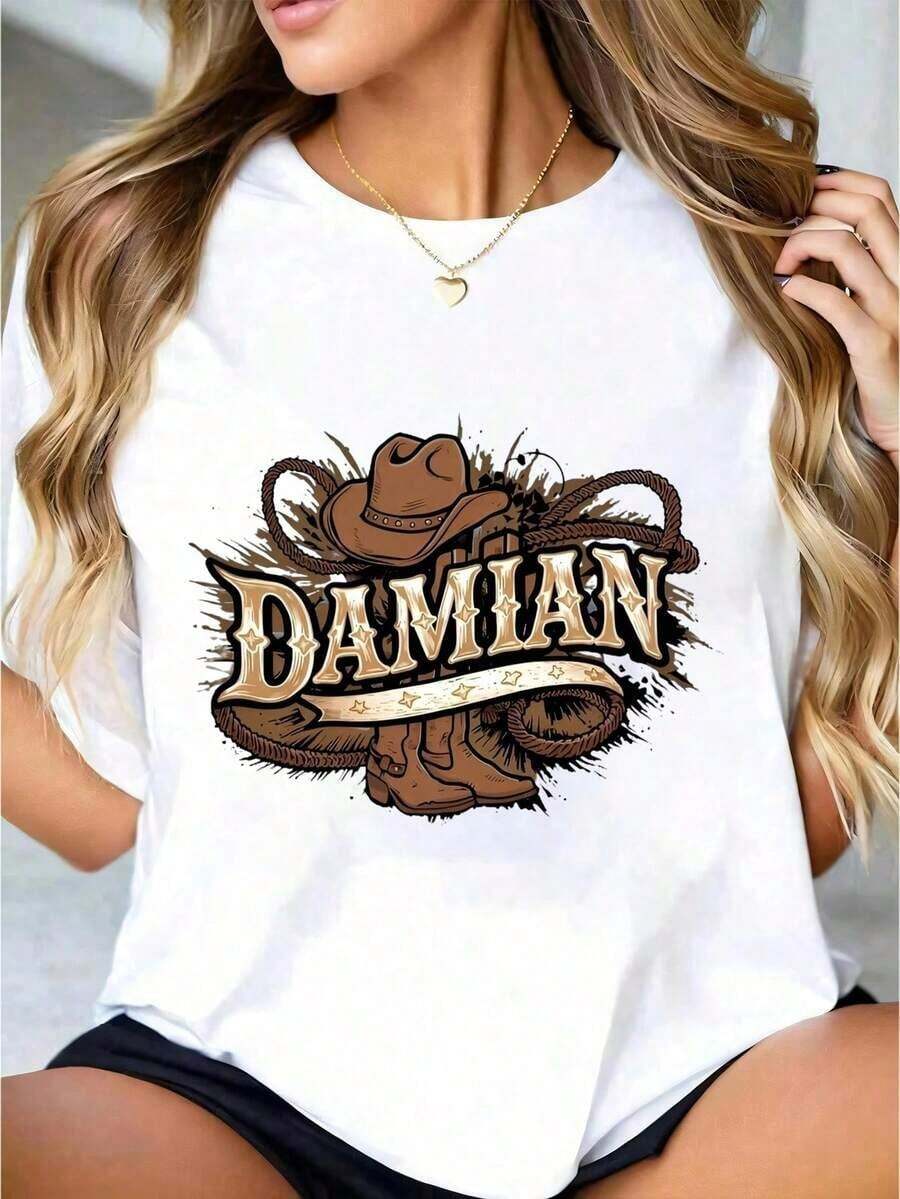 ropa de mujer 1pc Camiseta blanca con estampado de botas y sombrero de vaquero para mujer, cuello redondo, camiseta casual de algodón, tejido de punto de elasticidad media, corte regular para damas, talla S-XXXL camisas de mujer