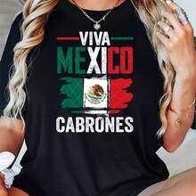 Camiseta gráfica Viva México Cabrones para mujeres, diseño de águila de la bandera mexicana, impresión roja y verde, camiseta de cuello redondo de algodón suave, lavable a máquina, ropa casual de calle paraConjuntos de Vacaciones de Verano 2026 - Negro - Ver 1