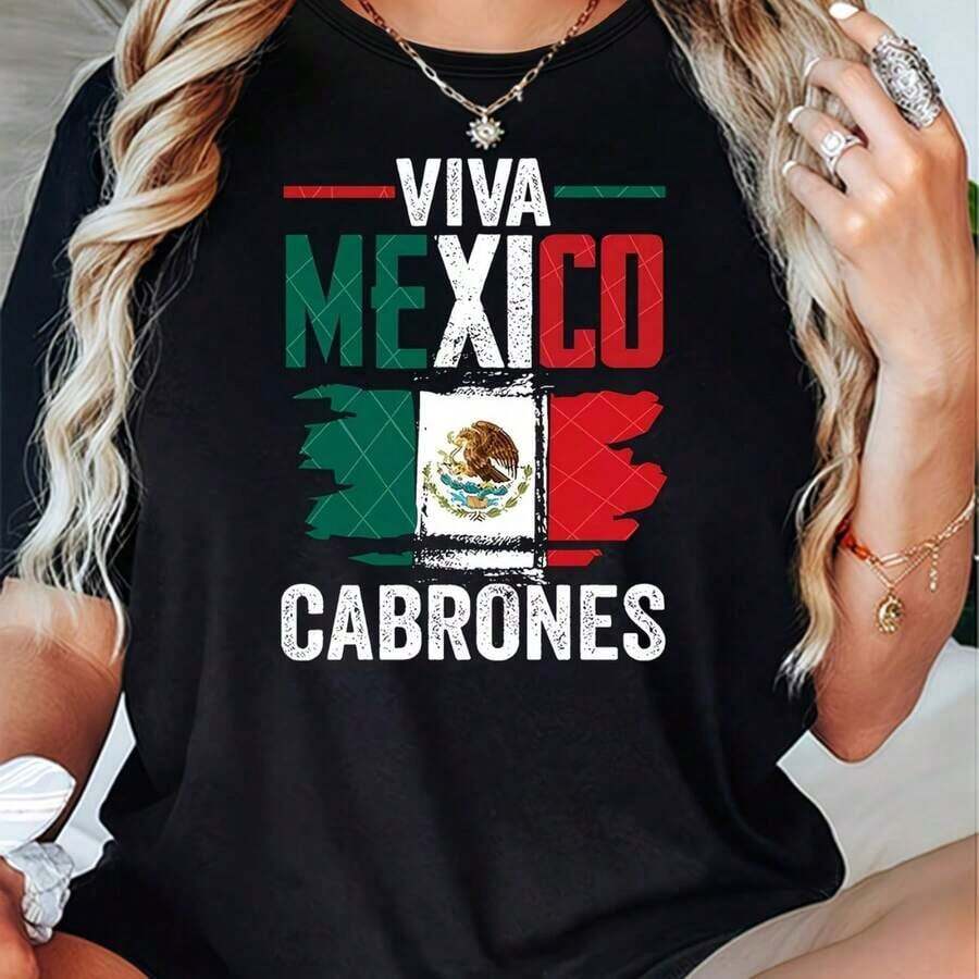 Camiseta gráfica Viva México Cabrones para mujeres, diseño de águila de la bandera mexicana, impresión roja y verde, camiseta de cuello redondo de algodón suave, lavable a máquina, ropa casual de calle paraConjuntos de Vacaciones de Verano 2026 - Negro - Ver 1