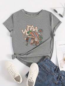 Loose And Casual Women's T-Shirt With A Graffiti Print Of Buses In English, With A Round Neck, Ideal For Everyday Wear And For Being At Home. - 灰色 - 查看 1