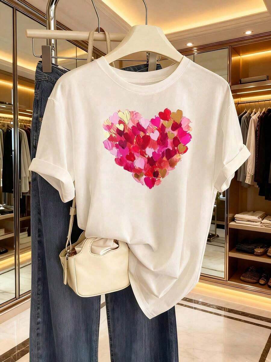 2026 Nueva Camiseta de Manga Corta para el Día de San Valentín con Corazón Colorido 2026 Estilo Artístico Casual Hermosa Camiseta para Mujer Versátil + Lavable a Máquina Regalo Transpirable y Cómoda - Blanco - Ver 1