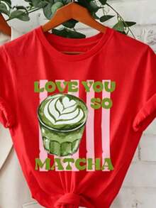 Nueva Camiseta Casual de Verano con Estampado Gráfico "Love You So Much Matcha", Manga Corta, Cuello Redondo, Estilo Casual, Adecuada para Verano y Primavera, Camiseta de Algodón Holgada de Manga Corta con Cuello Redondo, Estilo Vintage Urbano Unisex para Mujer.-Vintage Street Style Unisexoose Cotton Short Sleeve Crew Neck T-Shirt - Rojo - Ver 1