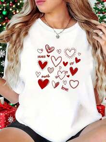 Camiseta vintage de talla grande, camiseta para el Día de San Valentín, estampado de corazones, estampado de moda para el Día de San Valentín, camiseta blanca de manga corta con cuello redondo y estampado - Lavable a máquina, adecuada para fiestas diurnas, atuendos para citas, ropa de calle diaria, camiseta gráfica para compras informales. - Blanco - Ver 11