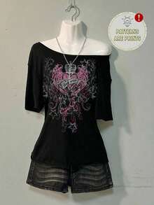 Loose-Fitting Black Short-Sleeved T-Shirt With A Butterfly, Flower, And Distressed English Lettering Print, In A Vintage, Punk, And Y2K Style, Versatile For Parties And Airports, Comfortable And Suitable For Autumn/Winter - Black - View 8