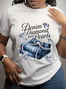 Women's Denim Diamond And Pearl Pattern Printed T-Shirt, Fashionable And , Lightweight Work Shirt, Skin-Friendly And Stylish For All Seasons, Suitable For Adult Holiday And Party Wear, Seasonal Celebration Attire, Fun Seasonal Prints, Durable Print Quality, Summer Fashion-high qualityFor Summer - Blanco - Ver 1