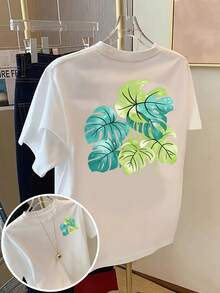 Camiseta con estampado gráfico de monstera y patrón de planta tropical, manga corta y cuello redondo, top casual para verano y primavera, ropa de mujer - Blanco - Ver 2
