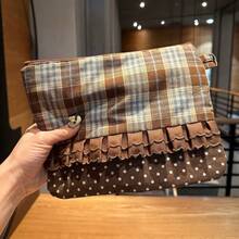 MIFFY Original Handmade Cute Rabbit Imported Plaid Patchwork Storage Bag, Notebook Stationery Organizer Bag With Polka Dots, Japanese Cute Style Brown And Blue Plaid Polka Dot Ruffle Edge And MIFFY Couple Sticker - Multicolor - View 10