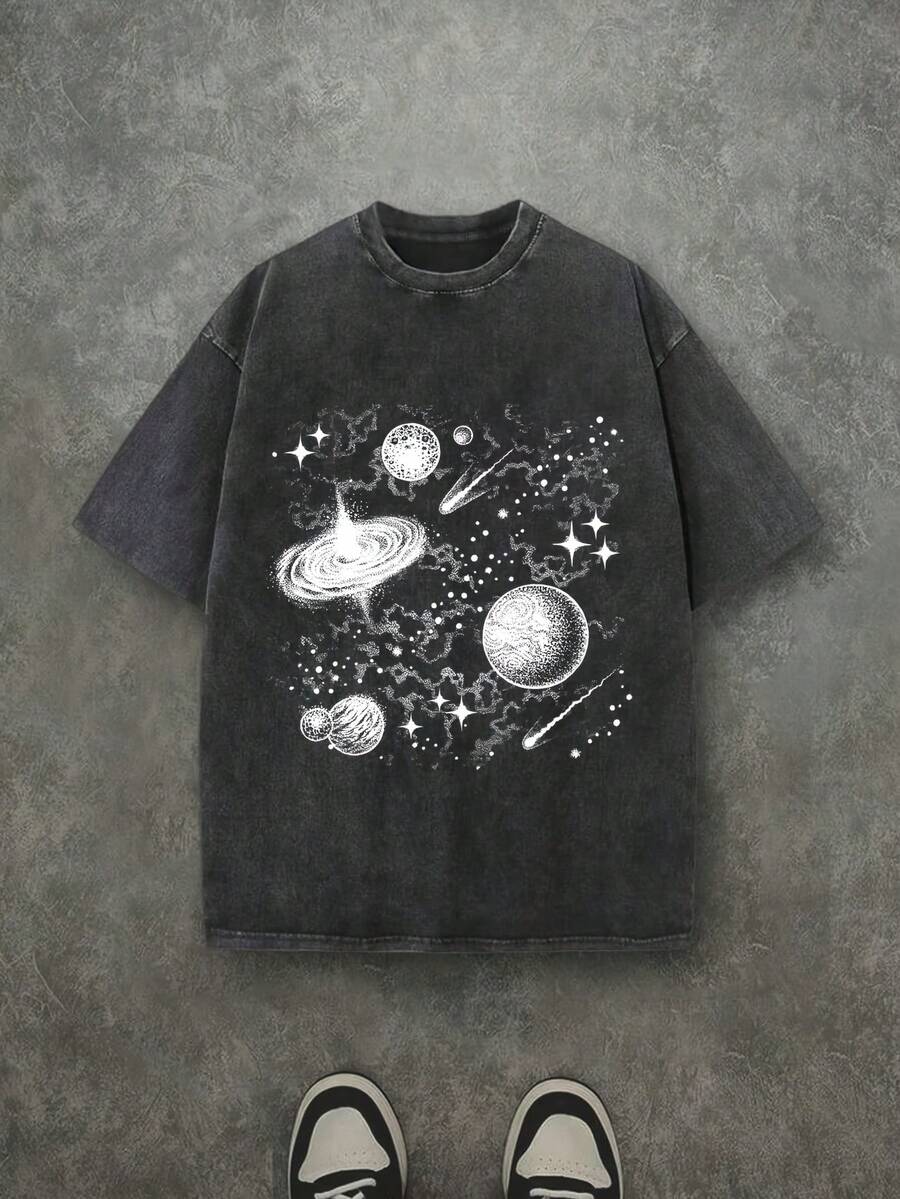 Camiseta casual vintage cómoda y lavada para mujer, camiseta de manga corta con cuello redondo,% algodón lavado y versátil para hombre, adecuada para uso diario y atuendos de, estilo unisex. - Negro - Ver 1