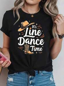 Soft, Breathable, And Lightweight For All-Day Comfort. This Women's Western Line Dance Time Crew Neck Short-Sleeve T-Shirt Features A Graphic Print Of Cowboy Boots And Hat, Perfect For Spring And Summer, Everyday Wear, Leisure, And As A Holiday Gift. The Classic Crew Neck And Relaxed Fit Flatter All Body Types And Are Easy To Pair With Jeans, Shorts, And Leggings. - Black - View 3