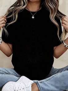 Nuevas llegadas para el verano. Camiseta con estampado de corazones para mujer, top casual de manga corta, camiseta de moda, cuello redondo blanco, atuendo de verano para mujer. Blusa, camisa > Hermosa. - Negro - Ver 3