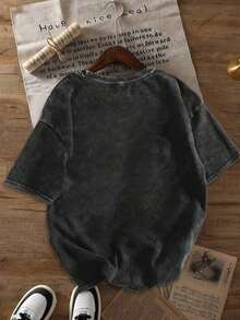 1 pieza con acabado vintage desgastado, adecuada para mujeres, corte holgado y cómodo, versátil, regalo de Navidad a la moda, camiseta de algodón puro lavado, diseño especial "Egg Tart", estampado Big Ben de Londres, camiseta de manga corta casual con lavado vintage, tops para mujeres, conjuntos de vacaciones para mujeres, 180g Algodón 100%. - Negro - Ver 2