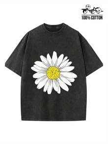 1 pieza de camiseta de algodón lavado de 230g, con estampado vintage de margaritas, adecuada para uso diario, esencial para vestirse fácilmente, un reciente éxito de , camiseta de mujer, cómoda, de manga corta, para vacaciones al aire libre y deportes, regalo perfecto, 180g 100% algodón. - Negro - Ver 1