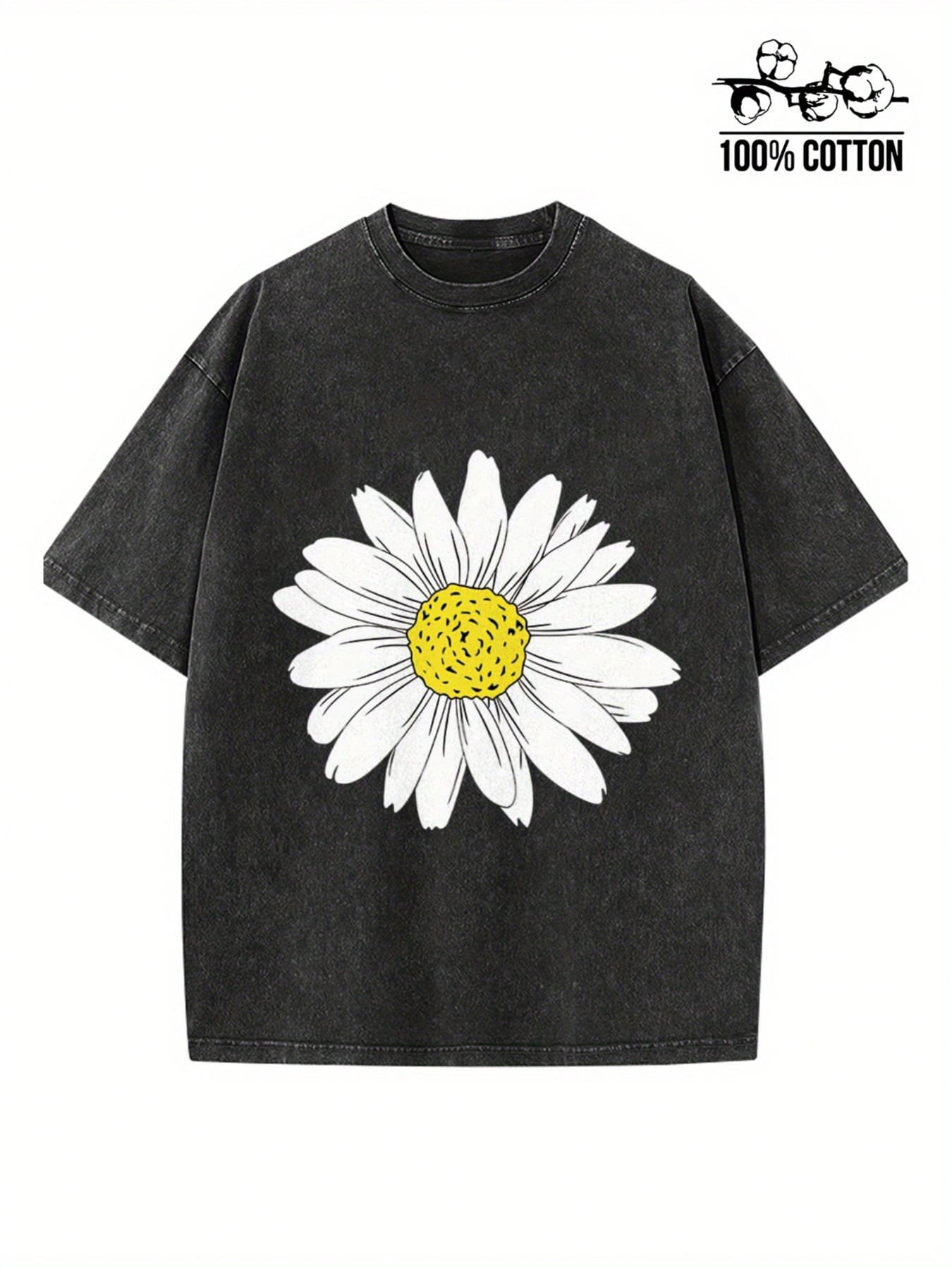 1 pieza de camiseta de algodón lavado de 230g, con estampado vintage de margaritas, adecuada para uso diario, esencial para vestirse fácilmente, un reciente éxito de , camiseta de mujer, cómoda, de manga corta, para vacaciones al aire libre y deportes, regalo perfecto, 180g 100% algodón. - Negro - Ver 1