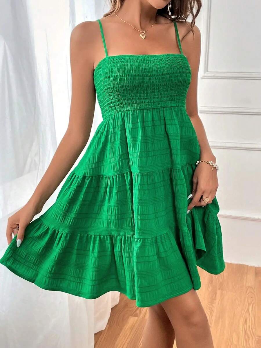 Vestido Mini de Tirantes Finos con Escote Fruncido para Mujer, Vestido Azul con Volantes en Capas, Vestido Informal de Verano para Vacaciones en la Playa - Verde - Ver 1