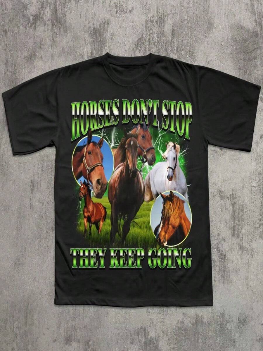 "?No pares, seguirán adelante!" Camiseta con temática de caballos, camiseta divertida con temática de caballos, un regalo para amantes de los caballos, camiseta de talla peque?a, camiseta con emojis, camiseta original. - Negro - Ver 1
