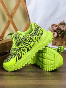 Men's Neon Green Low-Top Thick-Soled Sneakers, Leopard Print Fashion Versatile, Retro Streetwear Style, Soft Lightweight Personalized Shoes - Fluorescent Green - View 6