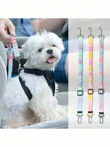 1 Pc Pet Car Seat Belt, Gradient Color Dog Retractable Leash, Rainbow Style Pet Leash, Elastic Cushioning Car Seat Belt Nylon Seat Belt, Heavy Duty Durable Dog Car Seat Belt, Dog Seat Belt, Make Your Dog ! Dog Outing Dog Supplies Dog Car Seat Car Seat Covers Dog Car Seat Cover Pet Car Seat - Blue - View 2