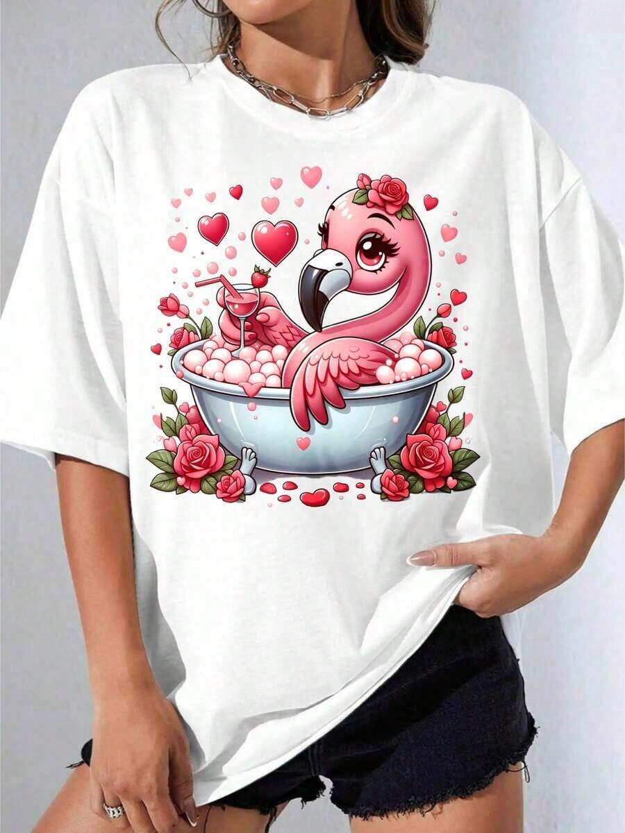 Camiseta Negra y Blanca para Niña con Estampado de Flamenco en la Bañera, Flamenco Blanco y Rosa con Rosas y Corazones para Uso Casual y Día de San Valentín, Fiesta al Aire Libre, Camiseta Casual Estampada de 180g - Blanco - Ver 1