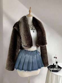 Minifalda de mezclilla con pliegues y deshilachados de moda para mujer - Niebla azul - Ver 4
