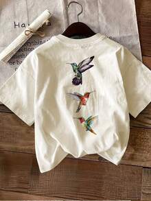 Edición Limitada, Camiseta Casual de Manga Corta y Cuello Redondo con Estampado de Colibrí Pintado a Mano, Algodón Ligero - Albaricoque - Ver 2