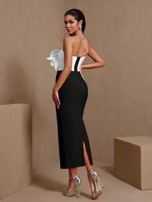Solid Color Elegant Party Crystal Chain Rhinestone Drip Bandage Formal Evening Gown Wedding - Black and White - View 3