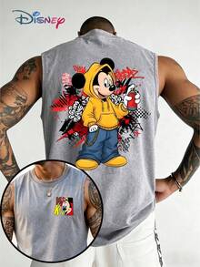 Official Disney Licensed Mickey Mouse Hip Hop Hoodie Graffiti Spray Paint Urban Streetwear Graphic Washed Cotton Sleeveless Tank Top For Men Vintage Distressed Crew Neck Vest Retro Checkerboard Colorful Pop Art Print Loose Fit Summer Casual Daily Wear City Outfit Classic Disney Character Mens Nostalgic Sleeveless Tee - Grey - View 1