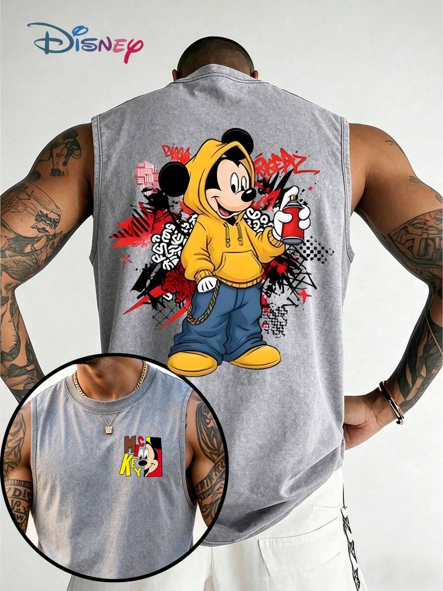 Official Disney Licensed Mickey Mouse Hip Hop Hoodie Graffiti Spray Paint Urban Streetwear Graphic Washed Cotton Sleeveless Tank Top For Men Vintage Distressed Crew Neck Vest Retro Checkerboard Colorful Pop Art Print Loose Fit Summer Casual Daily Wear City Outfit Classic Disney Character Mens Nostalgic Sleeveless Tee - Grey - View 1