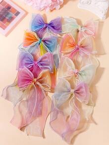 3pcs Random Colorful Dreamy Bowknot Hair Clips, Gradient Rainbow Organza Material Hair Accessories Suitable For Daily, Outing, Party, Photo Shoot For Kids - Multicolor - View 4
