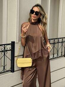 Conjunto de 2 piezas de top halter con dobladillo asimétrico de encaje en contraste y pantalones para mujer - Marrón Chocolate - Ver 8