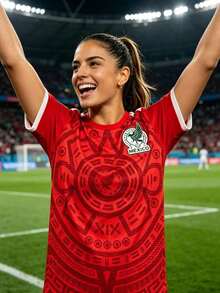 Camiseta de mujer de manga corta con cuello redondo en contraste, ajuste entallado, diseño deportivo con estampado de México y patrón gráfico, estilo casual deportivo, ideal para verano,Moda y camisetas premium - Rojo - Ver 2