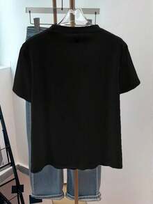 Camiseta de manga corta con estampado de leopardo y decoración de corazón para mujer - Negro - Ver 2