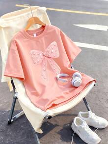 Pink Casual Round Neck T-Shirt Paired With All-Over Pink Leopard Print Shorts, Accented With Unique Creative Bow Pattern - Pink - View 5