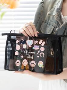 Mesh Makeup Bag With Skincare Theme Pattern, Featuring "Skincare Products" Letter Pattern, Multifunctional Makeup Bag, Portable Storage Bag, Makeup Bag, Skincare Bag, Travel Essential, Dorm Supplies, Bathroom Storage, Jewelry Storage, Lip Oil And Cosmetics Storage Bag, School Supplies Bag, Makeup Bag Holiday Essential, Cosmetics Storage, Wedding Bride Gift, Mother's Day Gift, Birthday Gift, Gift For Friends And Teachers - Multicolor - View 3
