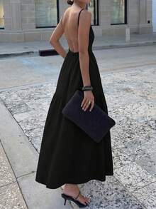 Women's Solid Color Backless Bohemian Wedding Slip Dress - Black - View 2