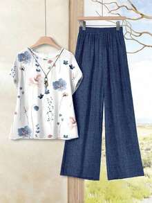2 piezas Conjunto ajustado de mujer con estampado geométrico de bloques de color, adecuado para primavera y verano, apropiado para salir, casual - Multicolor 4 - Ver 6