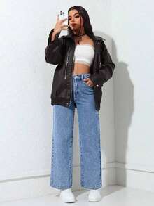 Jeans de mezclilla casuales y diarios de color liso para mujeres - Azul - Ver 6