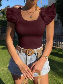 Camiseta de manga corta ajustada con cuello cuadrado de unicolor para mujeres - Burdeos - Ver 3