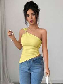 Blusa elegante y sexy de mujer con cuello halter sin mangas, con decoración metálica, tela texturizada, recogido en la cintura, adecuada para salir, citas, vacaciones - Amarillo - Ver 4