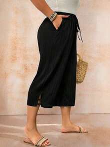 Pantalones casuales sueltos para mujer de talla grande, de unicolor, con cintura elástica y cordón - Negro 2 - Ver 4