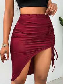 Falda de lápiz unicolor con abertura y cordón para ajustar el Body en verano - Burdeos - Ver 8