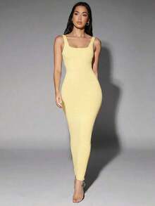 Vestido de tirantes de cuello redondo liso - Amarillo claro - Ver 8