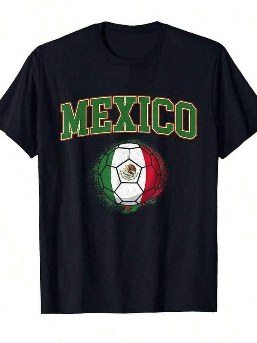 Camiseta de hombre para el torneo de fútbol de México - Ropa de aficionado del equipo nacional mexicano con estampado de águila y sombrero, estampado verde y rojo, cómoda para todas las estaciones, corte regular, camiseta casual de cuello redondo para partidos de fútbol y uso diario, camiseta gráfica para hombre, camiseta gráfica vintage para hombre, camiseta para hombre, camiseta gráfica para hombre, camiseta para hombre, ropa para hombre, camisa para hombre. - Negro - Ver 1