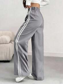 Pantalones informales de mujer con pierna suelta y efecto de contraste de color, para primavera/verano - Gris Pedernal - Ver 2