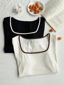 Set de 2 camisetas casuales de mujer con cuello cuadrado y manga corta, ajustadas y sexys, adecuadas para el verano - Multicolor 4 - Ver 6