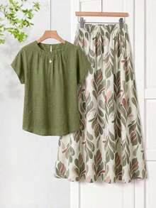 2 piezas Conjunto de top casual de unicolor + falda con estampado geométrico blanco y negro para vacaciones de mujer, Conjunto de ropa de verano para mujer, Conjunto de falda y top de verano, Conjunto de falda y top de mujer, Conjunto de falda - Multicolor 4 - Ver 1
